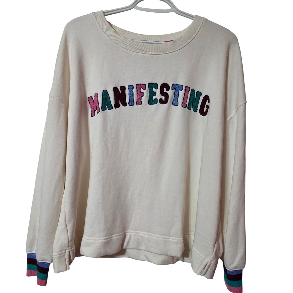 Lou & Grey Womens L Sweatshirt White Manifesting Graphic Embroidered Pullover